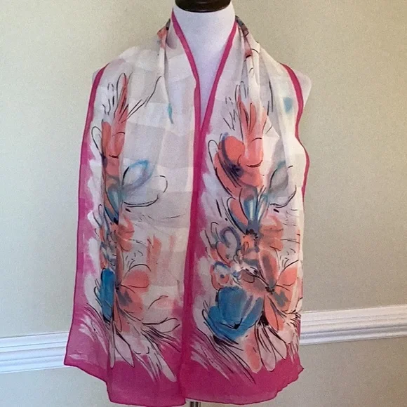 Silky oblong scarf 12”x 60”in a beautiful floral print in bright colors - Picture 2 of 5
